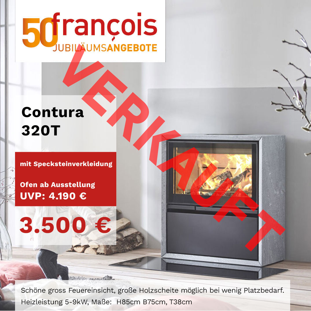 Contura 320T mit einer Heizleistung von 5-9kW inkl. Specksteinverkleidung und einer kompakten Höhe von 85cm. Ausstellungspreis reduziert von 4.190€ auf 3.500€.